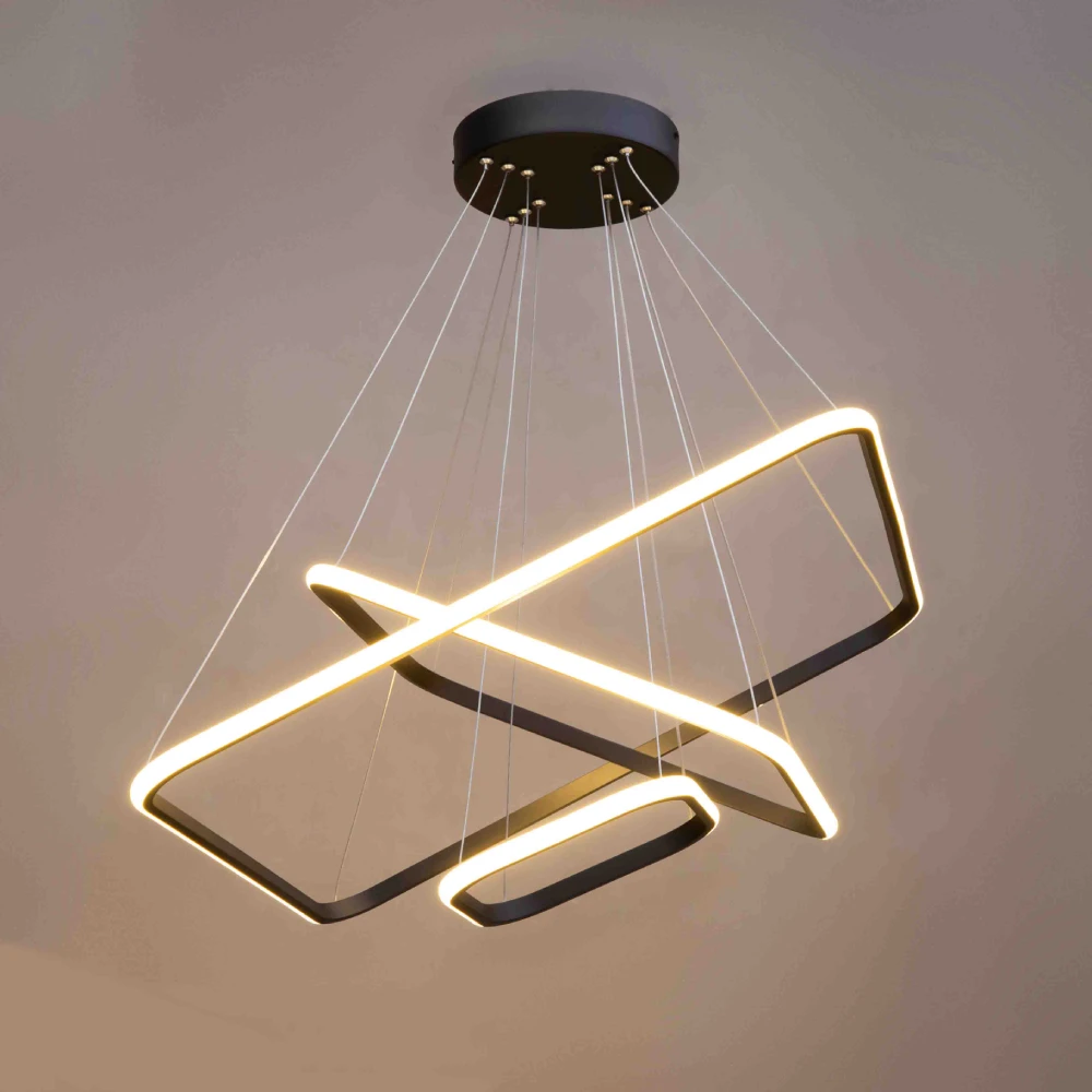 لوستر آویز مدرن 3 حلقه نواری مستطیل بزرگ ریموت دار هوشمند